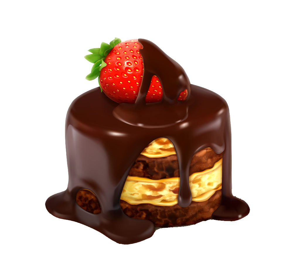 Imagem de um bolo com cobertura de chocolate e um morango em cima